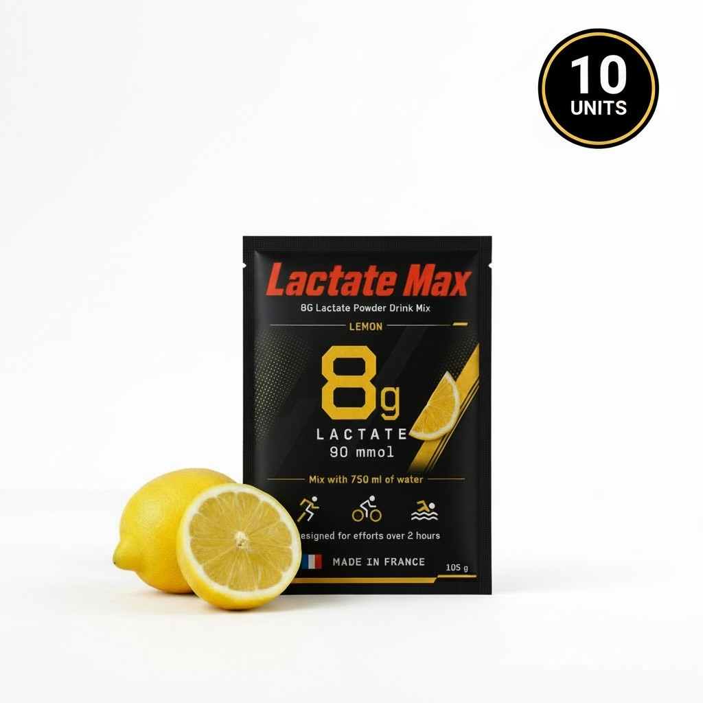 Sachet Lactate Max et bidon de 750 ml sur fond sombre
