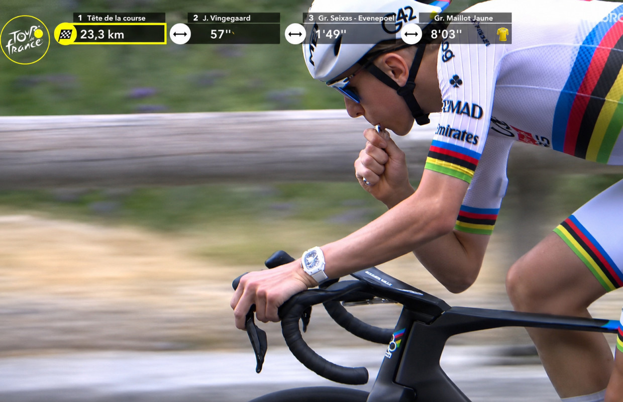 Coureur professionnel s'alimentant en pleine course sur le Tour de France