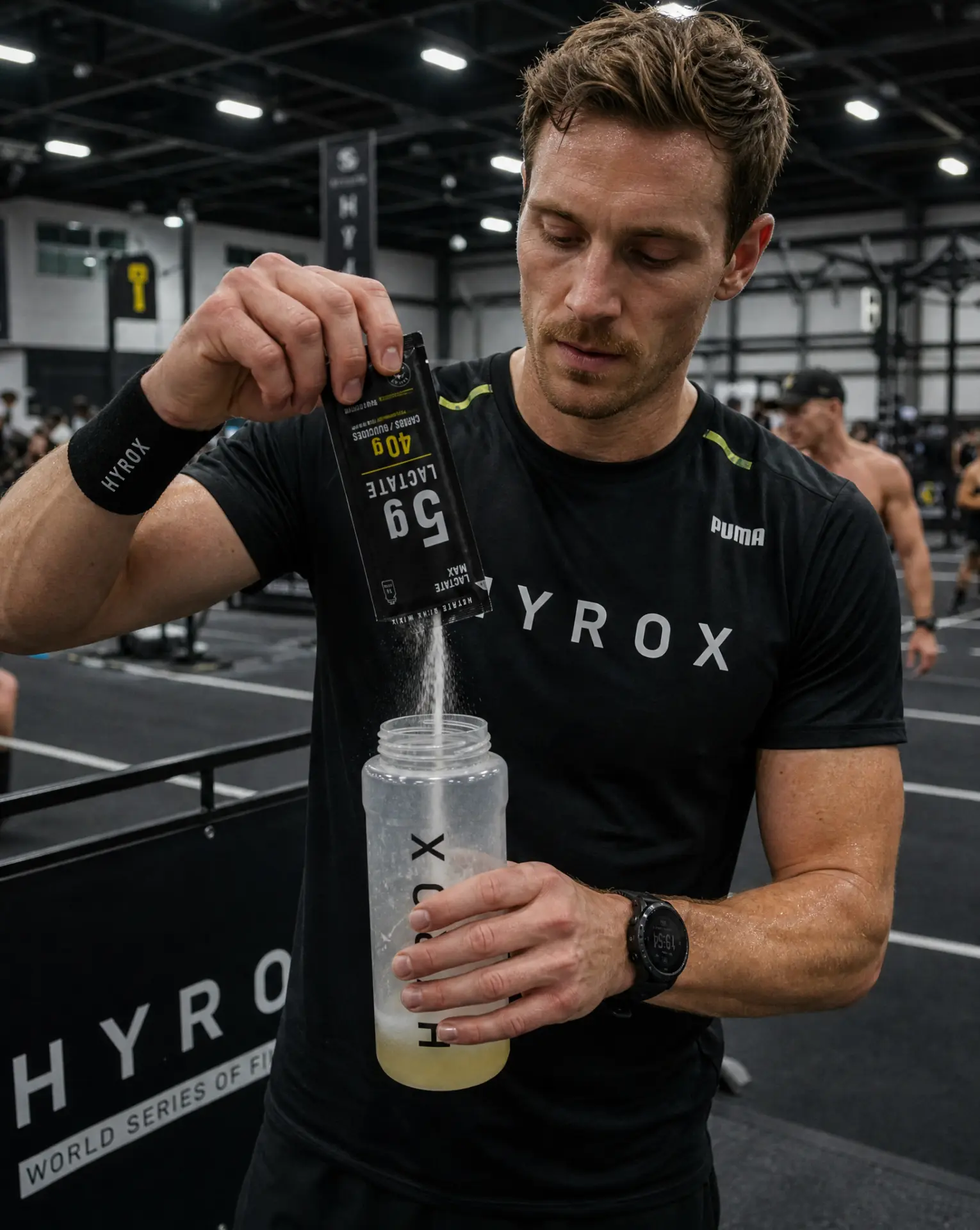 Sportif versant un sachet Lactate Max dans sa flask