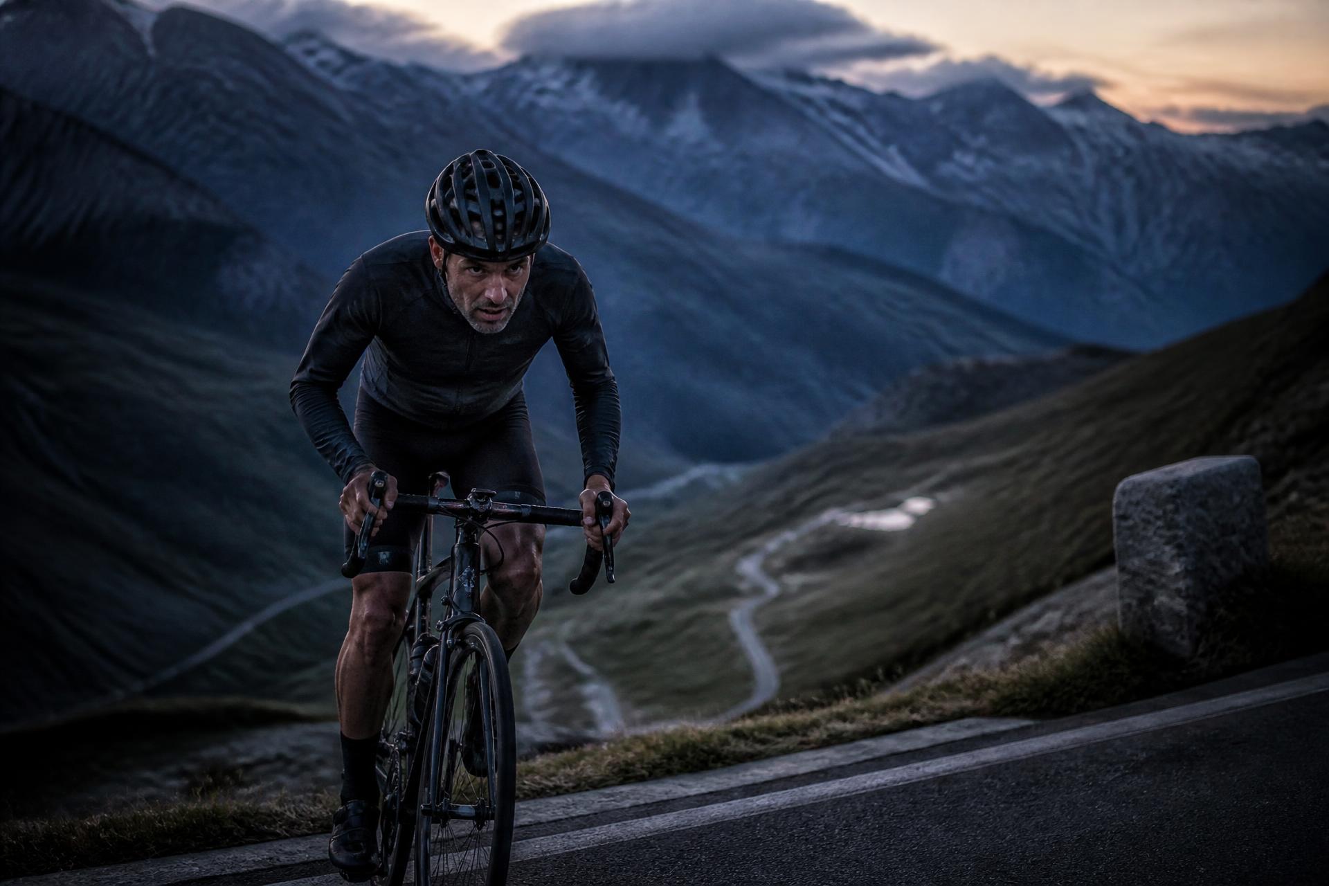 Cycliste expérimenté en pleine ascension d'un col de montagne au lever du jour